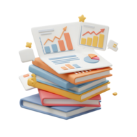 Colorful stack of books topped with data analysis charts and floating elements represents learning business finance, statistics and marketing performance. png
