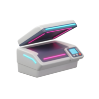 A modern scanner features an open lid and neon lights, suggesting a futuristic and efficient way to digitize documents or images for archival or sharing. png