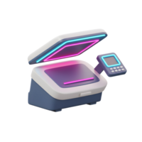 A scanner machine is displayed with modern design elements and bright neon light accents, ideal for office or digital creative design. png
