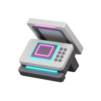 A gray terminal features a bright neon pink screen outline and cyan accents with a keypad, perfect for displaying information or processing transactions. png