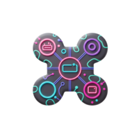 A dark cross shape with rounded edges featuring colorful circular icons and lines creates a connected network design, perfect for illustrating technology concepts. png