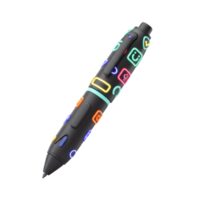 A matte black pen is decorated with glowing colorful icons, lending itself to writing or artistic purposes. png
