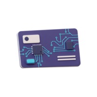 A purple computer chip with blue circuitry and components is depicted in a 3D style, possibly for use in technology related projects. png