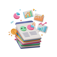 This vibrant 3D rendering shows financial reports with graphs and charts, representing data analysis and insights for business decisions. png