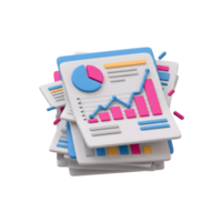 A 3D rendering shows a stack of business reports, complete with pie charts and bar graphs, illustrating data analysis and business performance reporting. png