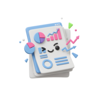 A 3D rendering shows a cute data report with graphs and charts, perfect for illustrating business analytics or reporting purposes. png