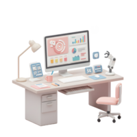 Pastel colored office desk setup with a computer displaying data analytics, accompanied by a robot arm, is shown for use in office work. png