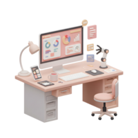 A desk setup features a computer displaying charts, along with various objects, showcasing a modern workspace for data analysis. png