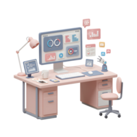 A pastel office desk setup with computer showing data charts and other icons, suitable for visualizing data analysis or remote work. png