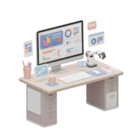A clean 3D rendered desk features a computer displaying charts and graphs, alongside a robotic arm, showcasing a modern and efficient workspace. png