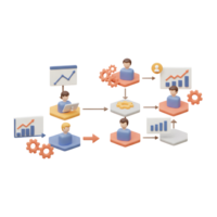 A 3D diagram illustrates a business process flow with figures and ascending graph icons, perfect for visualizing organizational structure and workflow. png