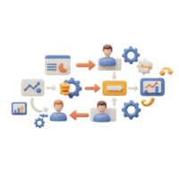 A 3D rendered illustration shows a diagram of a business workflow with human figures and arrows depicting a data flow for illustrating business processes. png