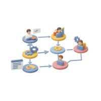 Isometric workflow diagram shows workers interacting with gears, arrows, and information, illustrating an organization's structure and process. png