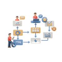 A 3D render of a workflow diagram shows figures interacting with charts, gears, and money icons, illustrating business processes and strategies. png