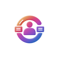 A 3D icon featuring a person surrounded by chat bubbles and a colorful circle, often used for communication or networking concepts. png
