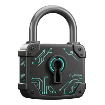 A black padlock features a futuristic circuit design with turquoise lines, adding a modern touch to secure items. png