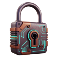 A steampunk style padlock featuring circuit board details and a keyhole offers a unique security solution for digital assets. png