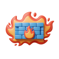 A cartoon firewall block is surrounded by cartoon fire, for use in online security graphics. png