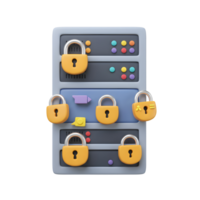 A server is secured with several yellow padlocks, indicating protection against unauthorized access and enhancing overall data safety for servers. png