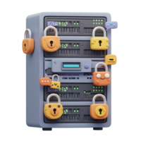 A server rack is secured with padlocks and surrounded by digital communication icons, showing the protection of data and secure online interactions. png