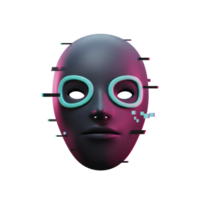 A dark mask with teal rings around the eyes is glitching, set against a white background for digital use. png