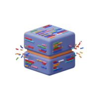 A stylized blue cube is decorated with colorful code snippets and small floating bars, suggesting a conceptual representation of data or software development process. png