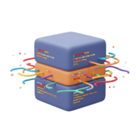 Abstract stacked blocks displaying code snippets are connected by colorful wires, suitable for illustrating data flow or programming concepts. png