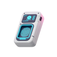 This is a futuristic fingerprint scanner with neon light accents, often used for security or personal identification. png
