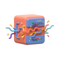 A soft colored cube has lines and stars seemingly connected with blue rectangles containing colored coding symbols, suggesting a conceptual representation of interconnected data and processing. png