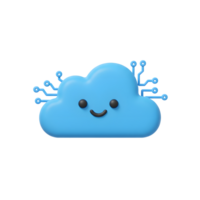A friendly blue cloud with a smiling face and integrated circuitry illustrates data and technology concepts for presentations or websites. png