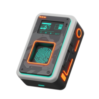 Close up shows a futuristic device with fingerprint scanner, digital display, and neon lights, which can be used for security or identification purposes. png