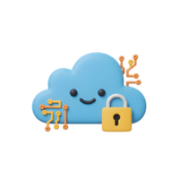 A blue cloud with a smiling face is secured by a golden padlock and circuit board elements, providing a fun illustration for data security concepts. png