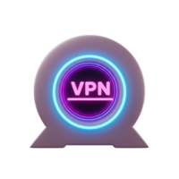 A purple VPN icon is surrounded by neon rings to represent internet security for online browsing. png