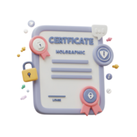 This 3D render shows a holographic certificate with locks and speech bubble, making it ideal for illustrating concepts of security and digital authentication. png