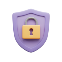 Lilac shield with a gold lock on top represents protection and security, often used to secure data and privacy. png