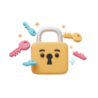 An illustration showing a padlock with a keyhole face, surrounded by colorful keys and stars, suitable for secure access depiction. png