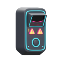 Modern dark grey device has a screen, blue highlights, warning signs and a button indicating an alert in a fun, 3d rendered style for website use. png