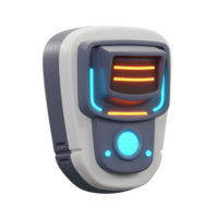 A gray and white futuristic device features a screen with orange lines and blue glowing elements, potentially used for communication or data display. png