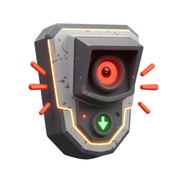 A gray security camera with a red lens and a green arrow pointing down is displayed, which can be used for safety and security purposes. png