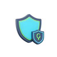 Two shields are rendered in a 3D style, with the smaller one displaying a green character, suggesting security features for a website or application. png