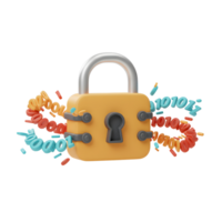 An illustration of a yellow padlock has numbers surrounding it, creating an abstract digital security concept for online protection. png