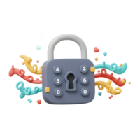 A grey padlock with numbers and colorful spirals flows from it, suggesting unlockable security, good for illustrating digital safety. png