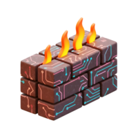 This illustration depicts a firewall constructed of circuit board bricks, with flames erupting from the top, representing digital security in use for data protection. png