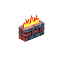 A brick wall with embedded circuit patterns has a bright fire atop it, ideal for representing a technological security barrier. png