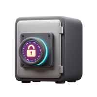 A metal safe features a digital lock with a lit padlock symbol, indicating security for storing valuables. png