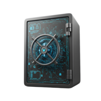 A digital safe with a combination lock is displayed, decorated with an electronic circuit design and illuminated by blue light, ideal for secure data storage. png
