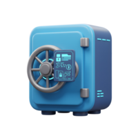 A blue safe featuring a wheel handle and an informational panel showcasing file directory and lock icons for secure storage. png