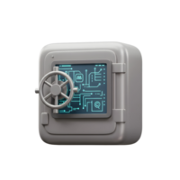 A gray digital safe with a circuit board graphic displays security, representing a secure vault or container for digital assets and data. png