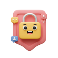 A cartoon style lock icon is secured on a shield with social media style notifications, illustrating digital safety and protection. png