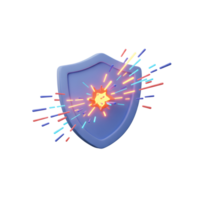 A 3D cartoon shield resists a blast of colorful sparks, symbolizing protection against threats or challenges. png